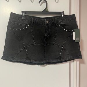 Black Stud-Accent Denim Mini Skirt